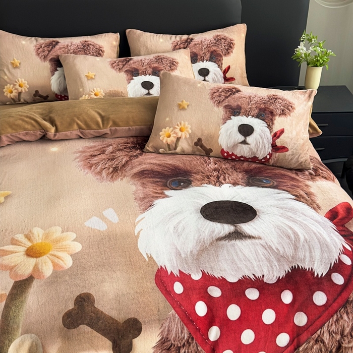 91家纺网 家纺一手货源 找家纺 宝薇 2025新款5D数码印染大卡通牛奶绒四件套 汪星人