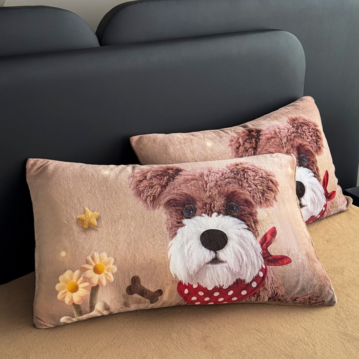 91家纺网 家纺一手货源 找家纺 宝薇 2025新款5D数码印染大卡通牛奶绒四件套 汪星人