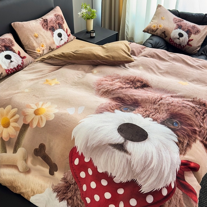 91家纺网 家纺一手货源 找家纺 宝薇 2025新款5D数码印染大卡通牛奶绒四件套 汪星人