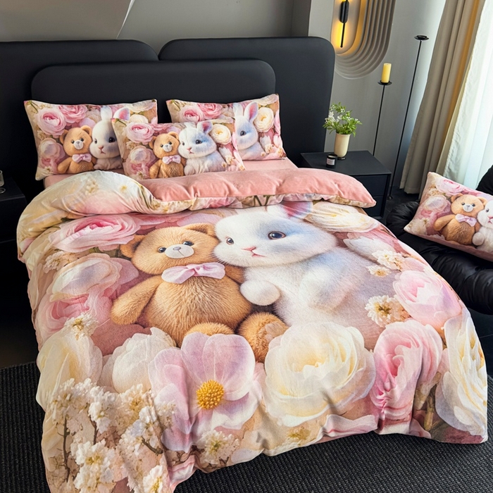 91家纺网 家纺一手货源 找家纺 宝薇 2025新款5D数码印染大卡通牛奶绒四件套 小时光