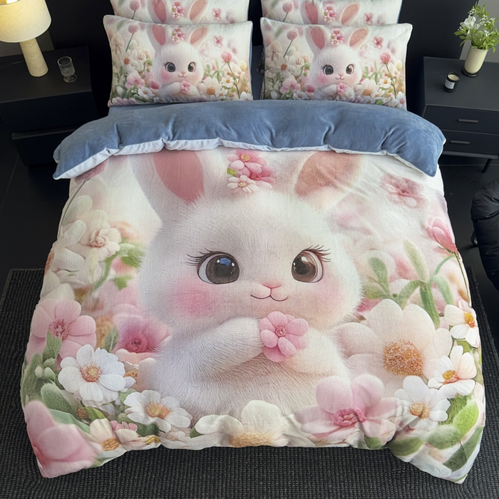 91家纺网 家纺一手货源 找家纺 宝薇 2025新款5D数码印染大卡通牛奶绒四件套 桃花兔