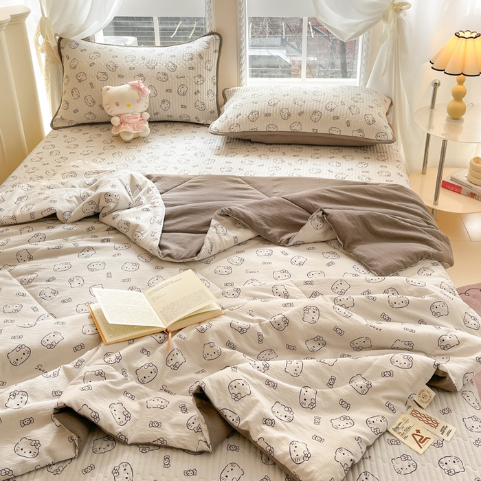 91家纺网 家纺一手货源 找家纺 澜妃 2025春夏新款云感双层纱夏被夏凉被空调被四件套 猫咪