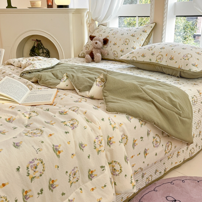 91家纺网 家纺一手货源 找家纺 澜妃 2025春夏新款云感双层纱夏被夏凉被空调被四件套 庄园兔