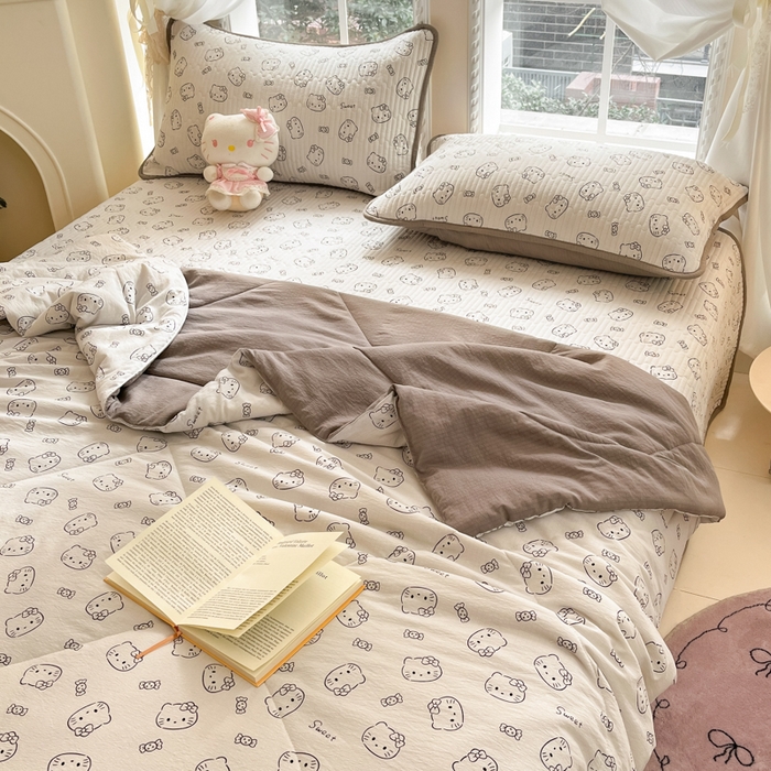 91家纺网 家纺一手货源 找家纺 澜妃 2025春夏新款云感双层纱夏被夏凉被空调被四件套 猫咪