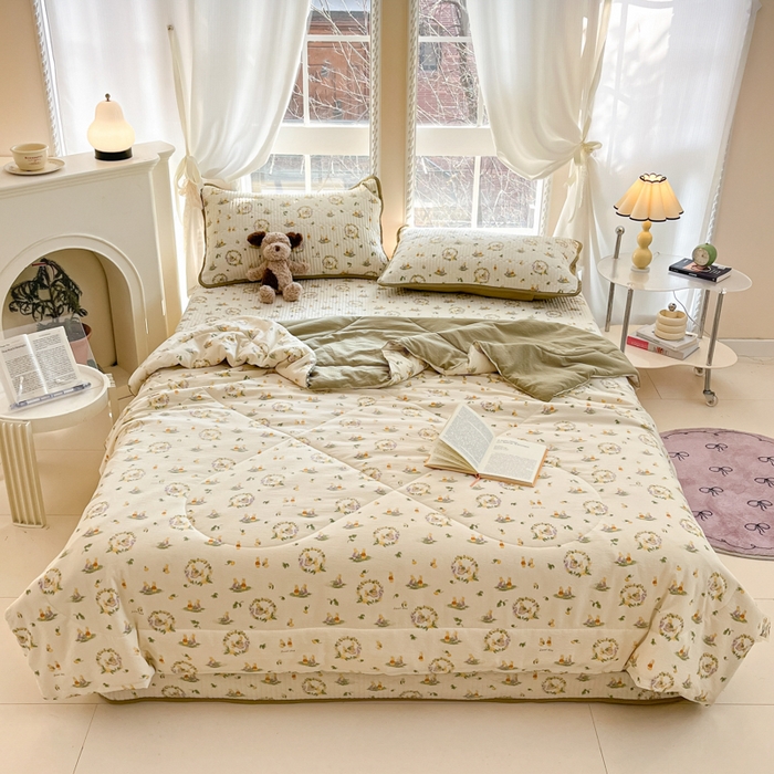 91家纺网 家纺一手货源 找家纺 澜妃 2025春夏新款云感双层纱夏被夏凉被空调被四件套 庄园兔