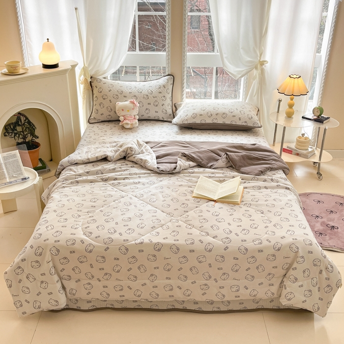 91家纺网 家纺一手货源 找家纺 澜妃 2025春夏新款云感双层纱夏被夏凉被空调被四件套 猫咪