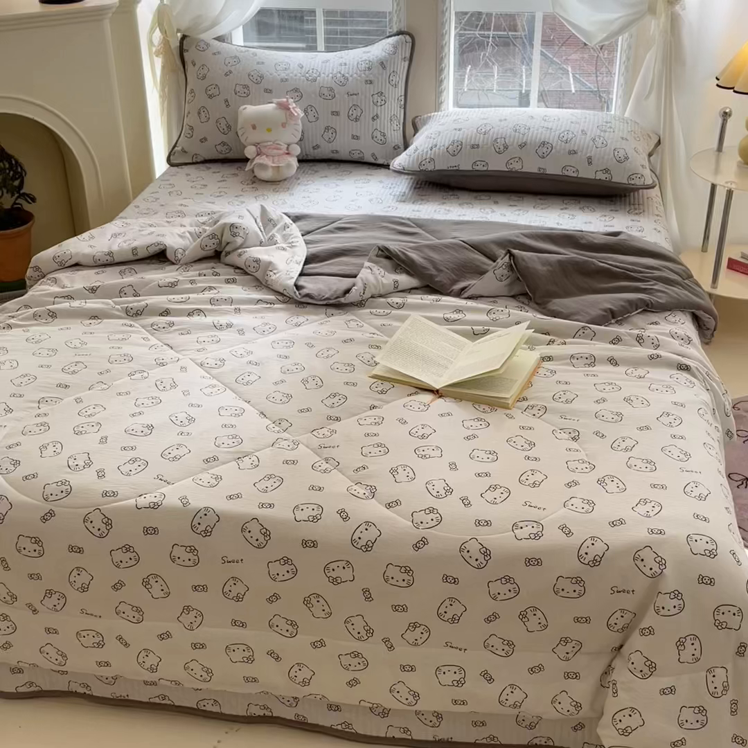 91家纺网 家纺一手货源 找家纺 澜妃 2025春夏新款云感双层纱夏被夏凉被空调被四件套 猫咪