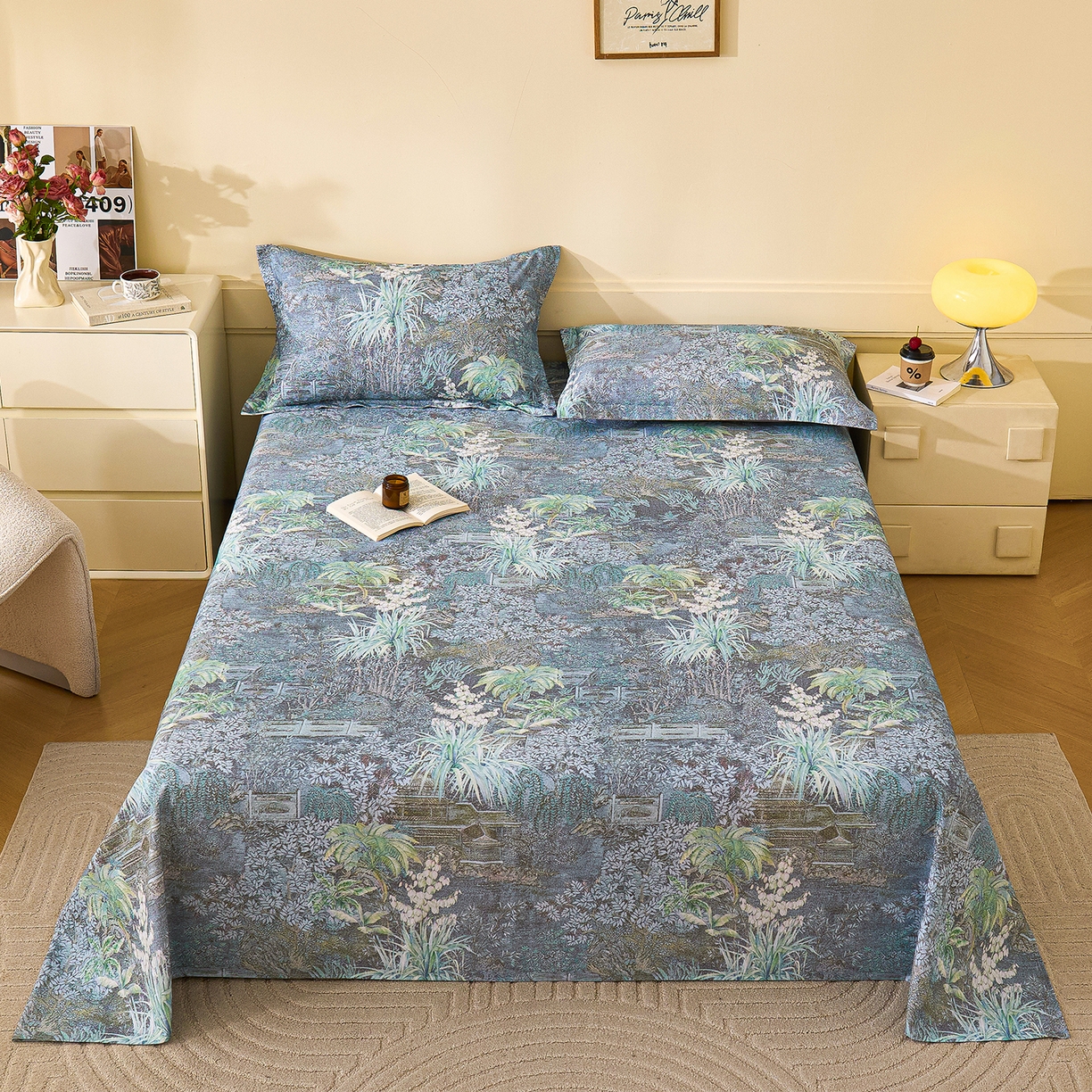 91家纺网 家纺一手货源 找家纺 元元家居（元元被业） 2025秋冬新款全棉纯棉磨毛印花单床单 繁花点缀