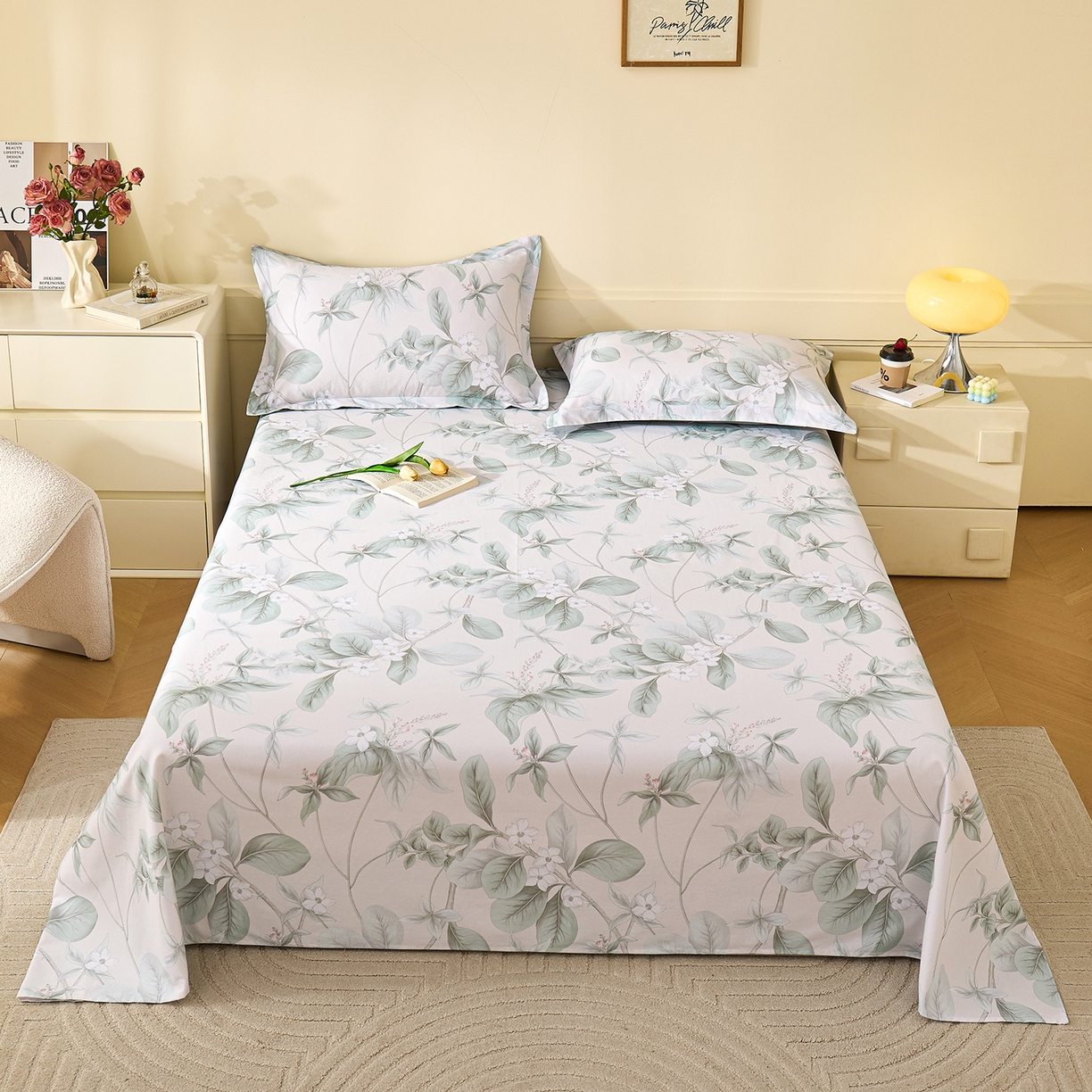 91家纺网 家纺一手货源 找家纺 元元家居（元元被业） 2025秋冬新款全棉纯棉磨毛印花单床单 落叶白霜