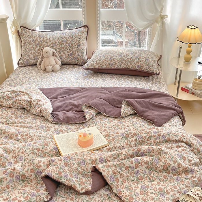 91家纺网 家纺一手货源 找家纺 澜妃 2025春夏新款云感双层纱夏被夏凉被空调被四件套 满园春紫