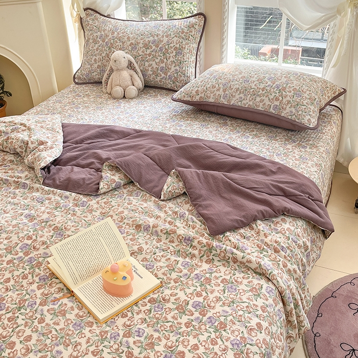 91家纺网 家纺一手货源 找家纺 澜妃 2025春夏新款云感双层纱夏被夏凉被空调被四件套 满园春紫