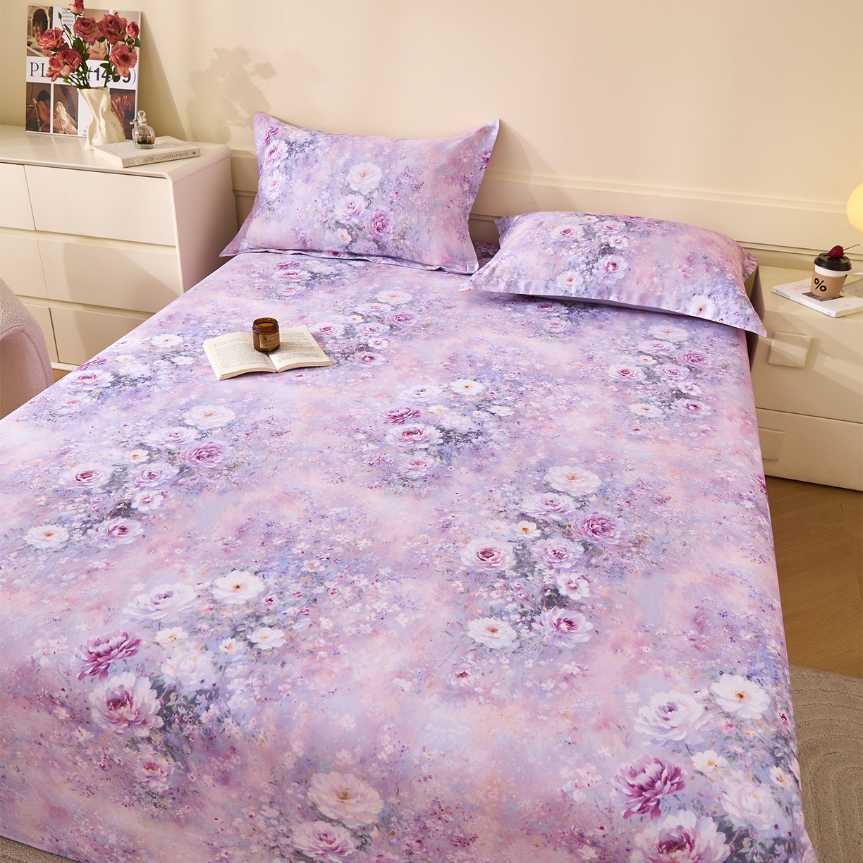 91家纺网 家纺一手货源 找家纺 元元家居（元元被业） 2025秋冬新款全棉纯棉磨毛印花单床单 爱诺紫