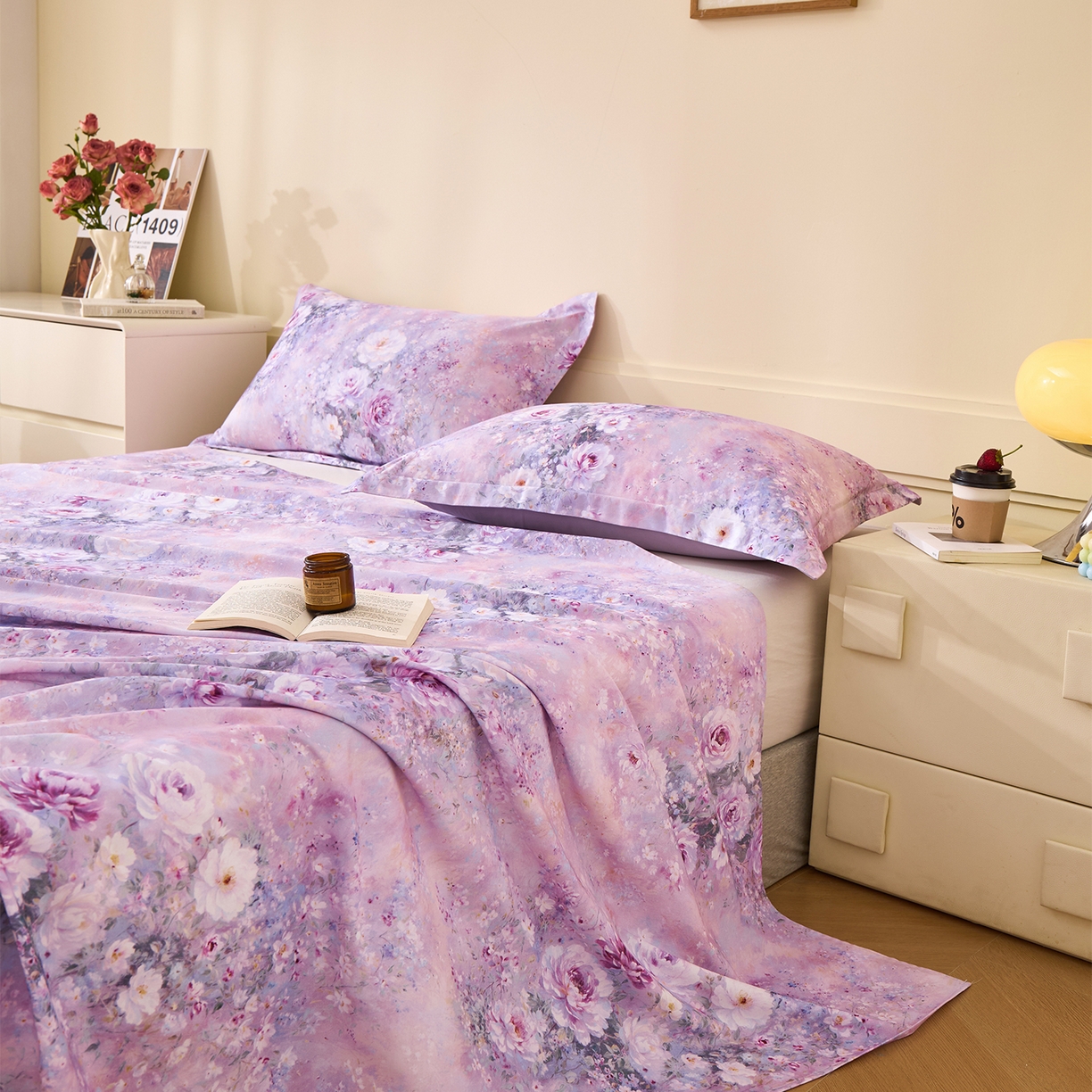 91家纺网 家纺一手货源 找家纺 元元家居（元元被业） 2025秋冬新款全棉纯棉磨毛印花单床单 爱诺紫