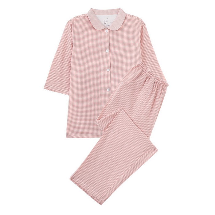 （总）良品汇馆 2025新款双层纱七分袖细格纹睡衣