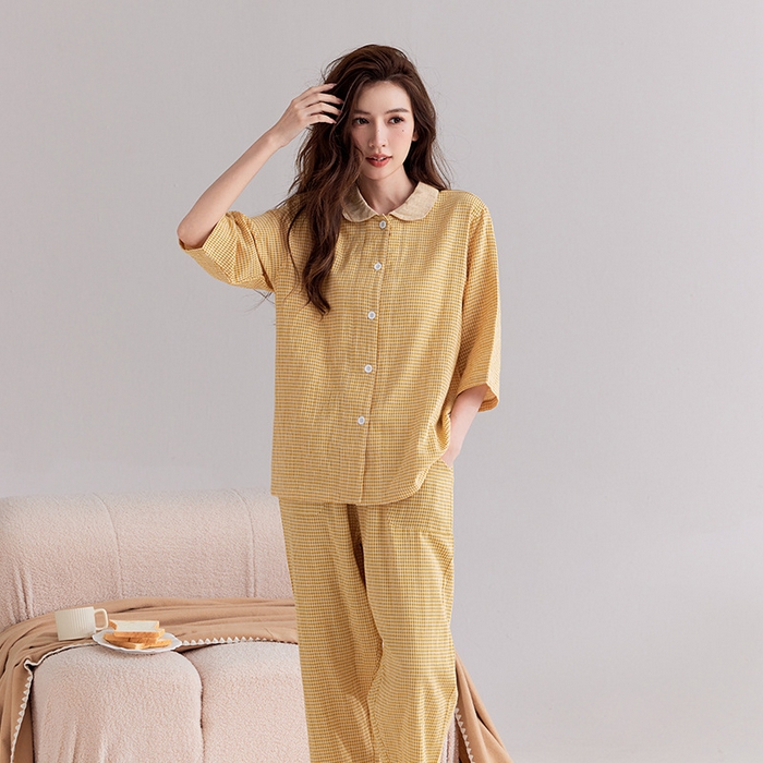 91家纺网 家纺一手货源 找家纺 （总）良品汇馆 2025新款双层纱七分袖细格纹睡衣