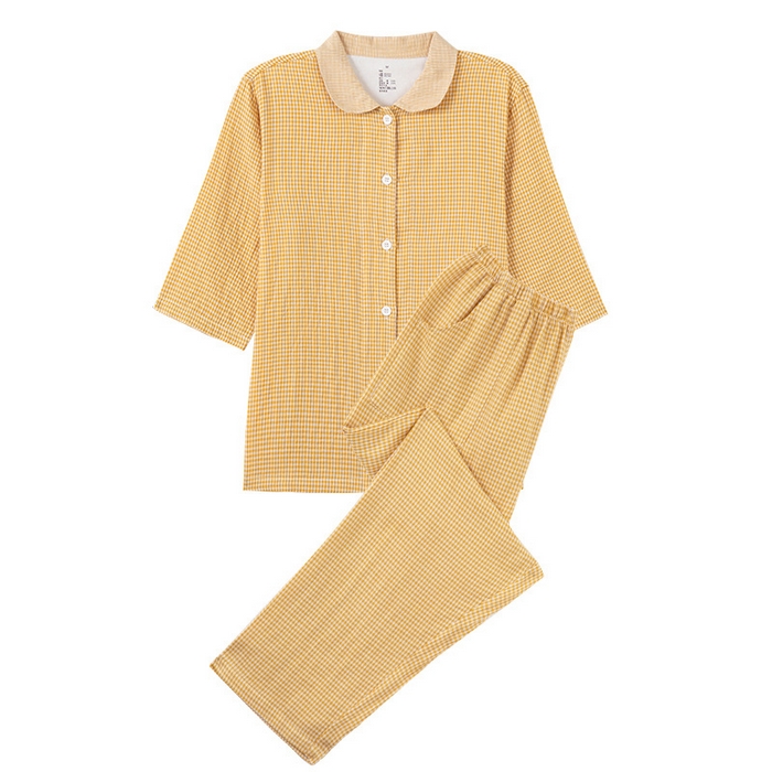 91家纺网 家纺一手货源 找家纺 （总）良品汇馆 2025新款双层纱七分袖细格纹睡衣