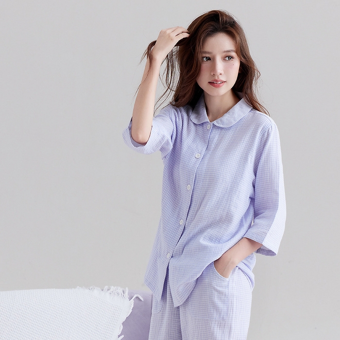 91家纺网 家纺一手货源 找家纺 （总）良品汇馆 2025新款双层纱七分袖细格纹睡衣