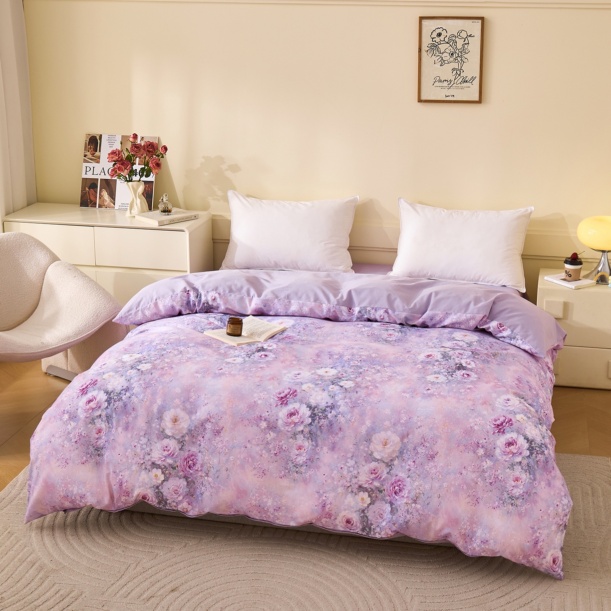 91家纺网 家纺一手货源 找家纺 元元家居（元元被业） 2025秋冬新款全棉纯棉磨毛印花四件套 爱诺紫