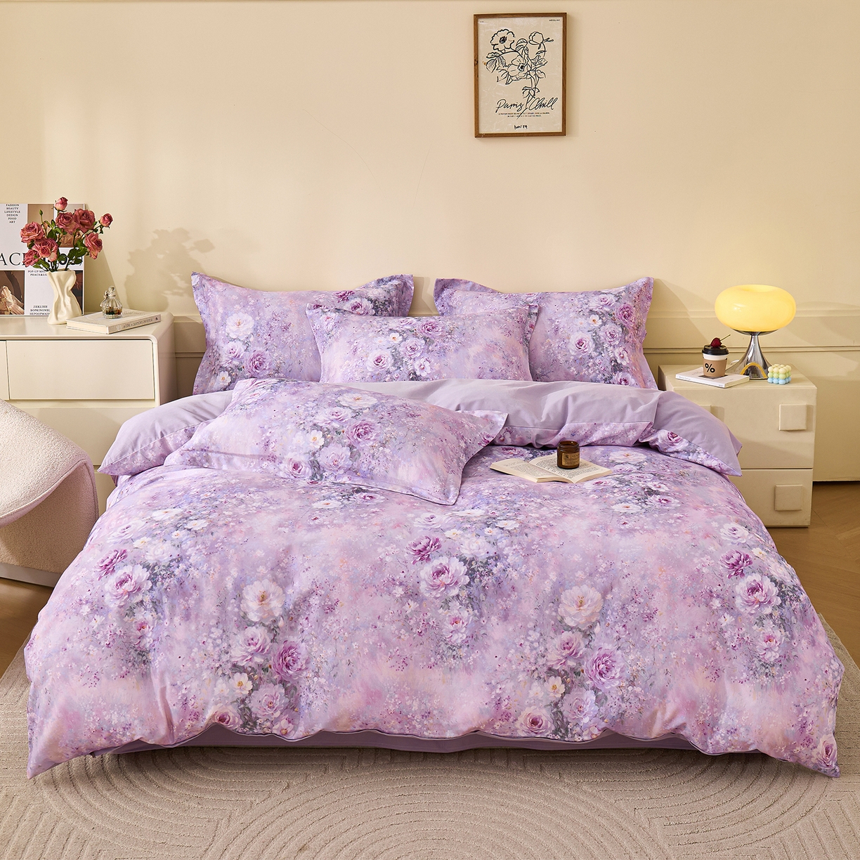 91家纺网 家纺一手货源 找家纺 元元家居（元元被业） 2025秋冬新款全棉纯棉磨毛印花四件套 爱诺紫