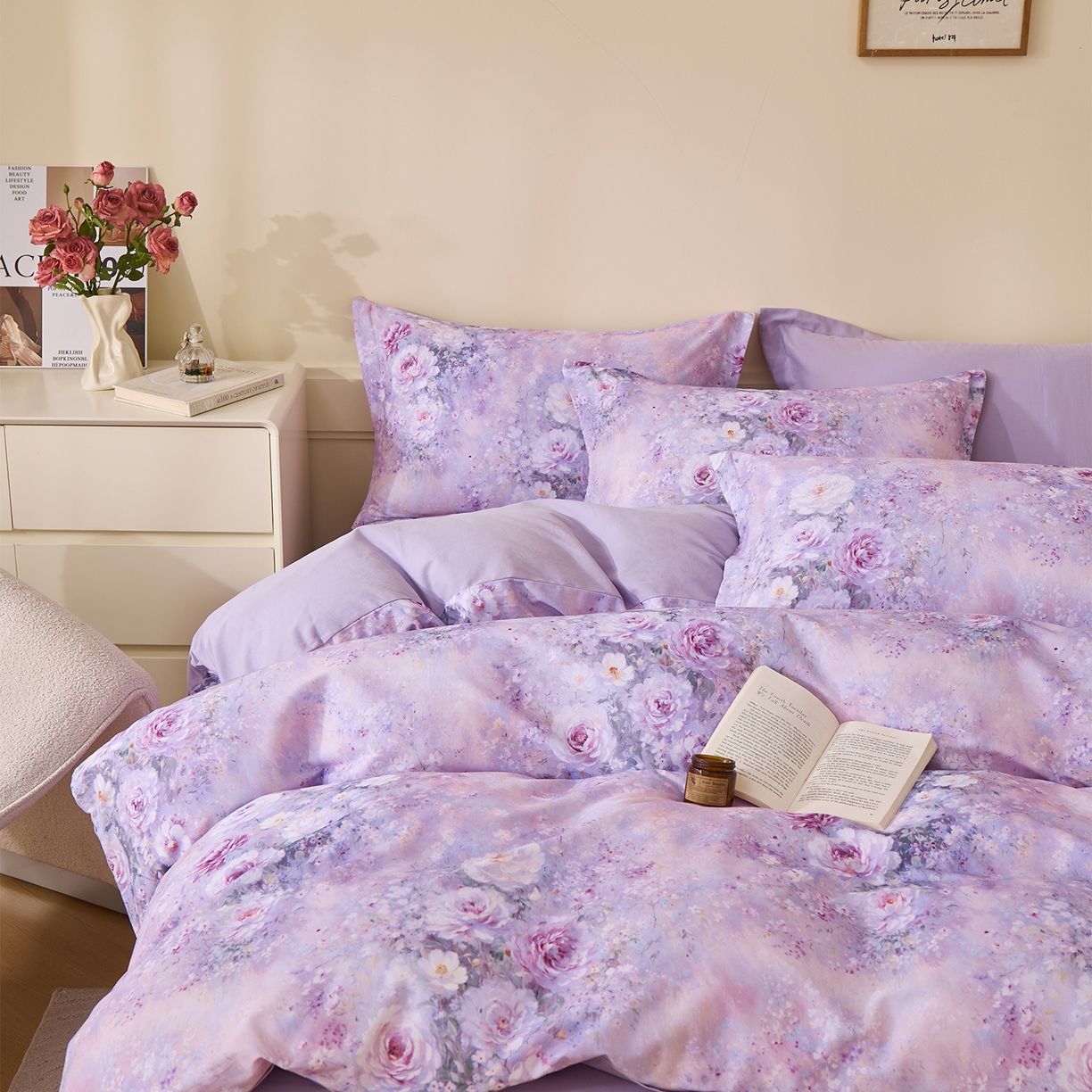 91家纺网 家纺一手货源 找家纺 元元家居（元元被业） 2025秋冬新款全棉纯棉磨毛印花四件套 爱诺紫