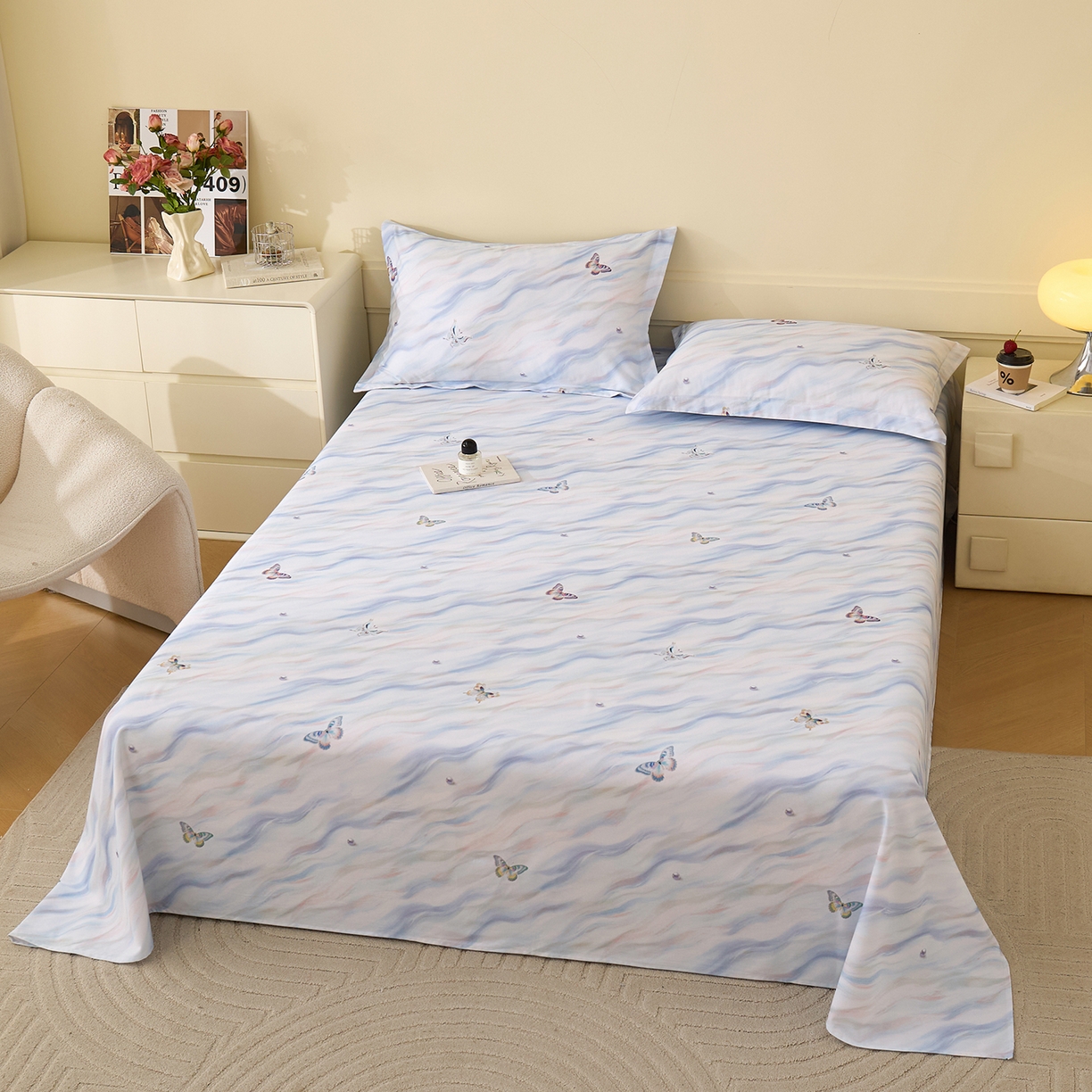 91家纺网 家纺一手货源 找家纺 元元家居（元元被业） 2025秋冬新款全棉纯棉磨毛印花单床单 蝶梦星河