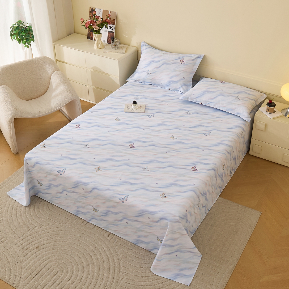 91家纺网 家纺一手货源 找家纺 元元家居（元元被业） 2025秋冬新款全棉纯棉磨毛印花单床单 蝶梦星河