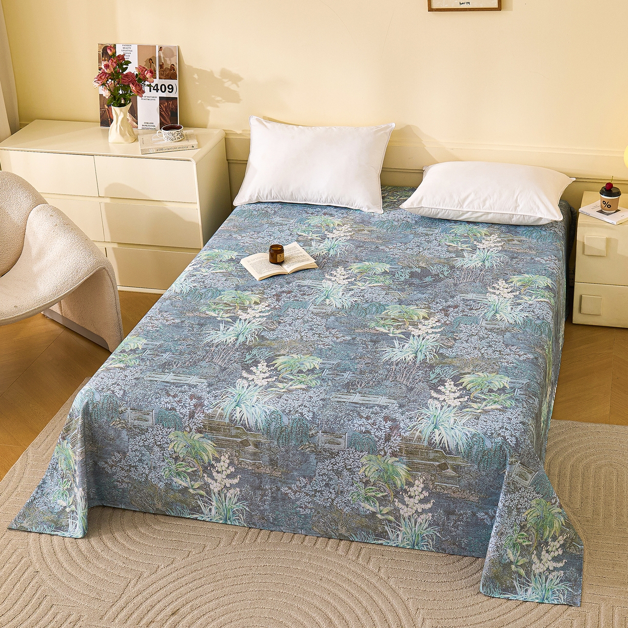 91家纺网 家纺一手货源 找家纺 元元家居（元元被业） 2025秋冬新款全棉纯棉磨毛印花单床单 繁花点缀