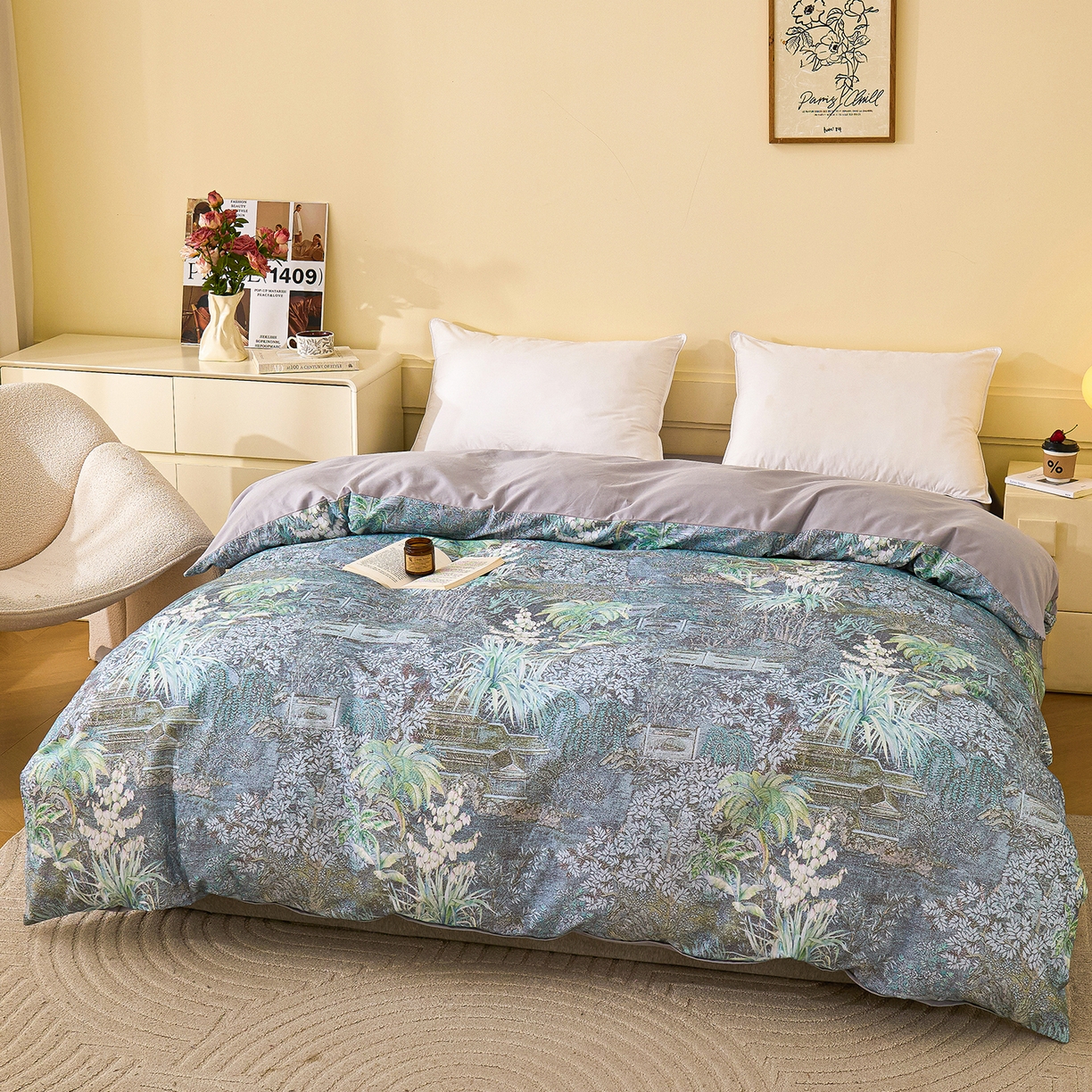 91家纺网 家纺一手货源 找家纺 元元家居（元元被业） 2025秋冬新款全棉纯棉磨毛印花四件套 繁花点缀