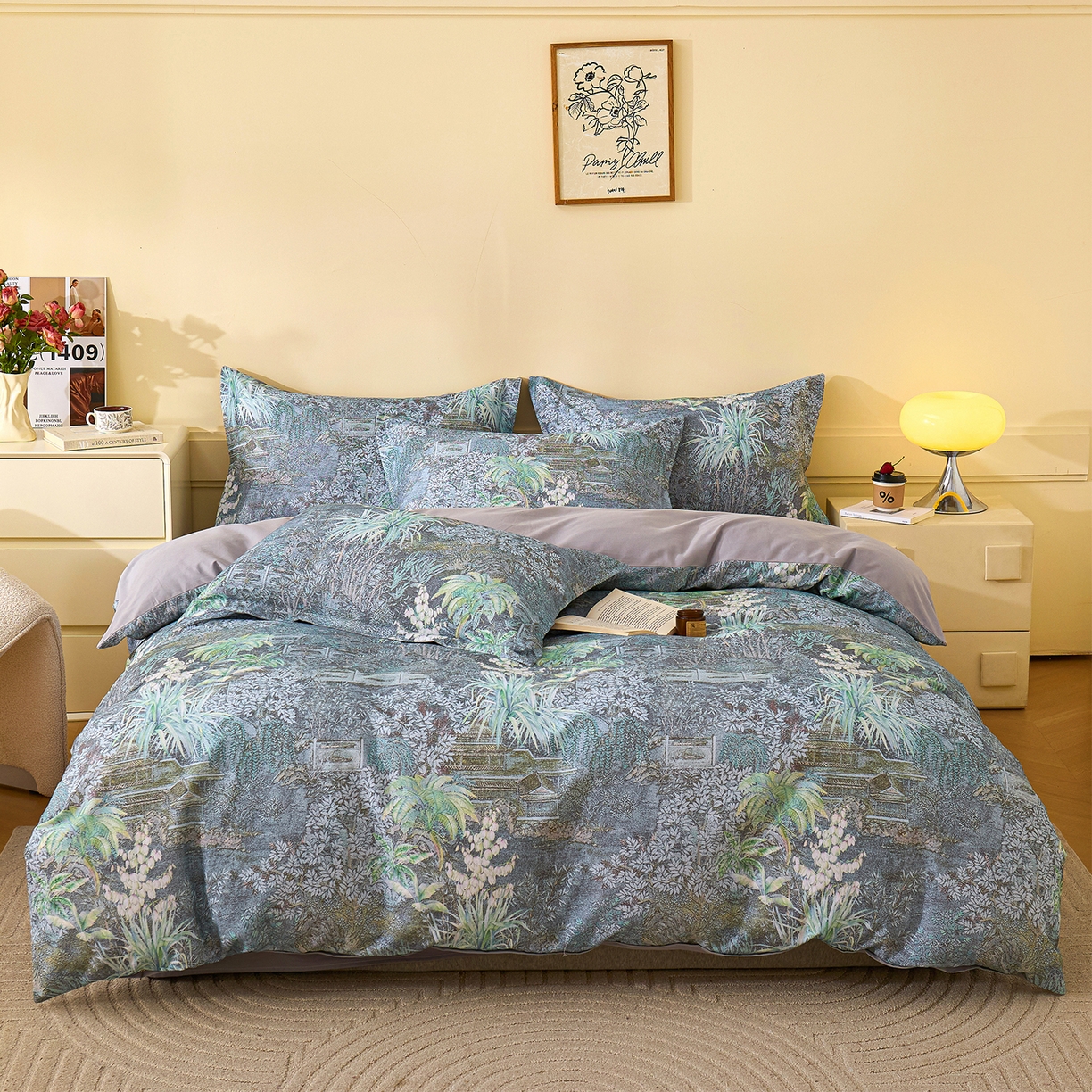 91家纺网 家纺一手货源 找家纺 元元家居（元元被业） 2025秋冬新款全棉纯棉磨毛印花四件套 繁花点缀