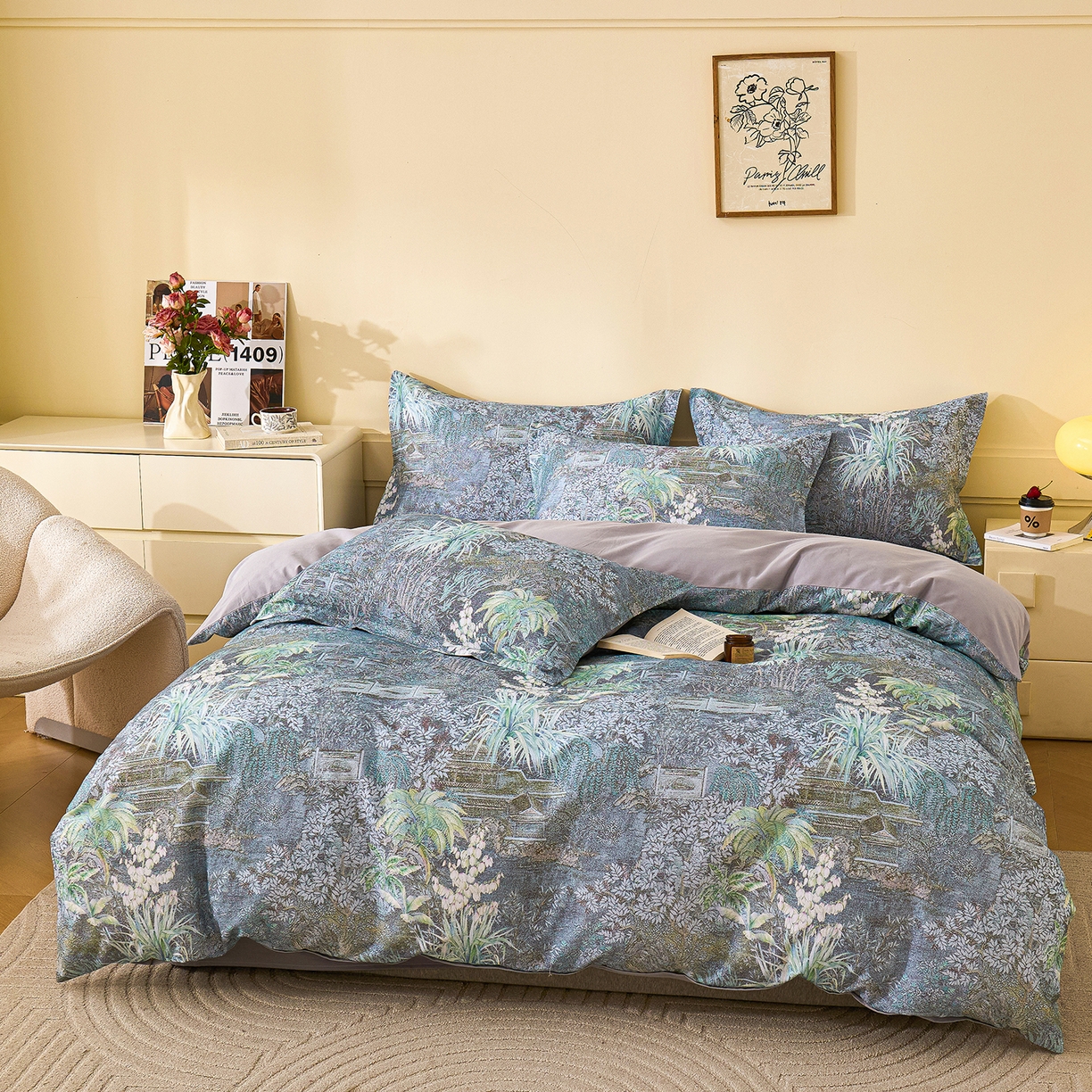 91家纺网 家纺一手货源 找家纺 元元家居（元元被业） 2025秋冬新款全棉纯棉磨毛印花四件套 繁花点缀