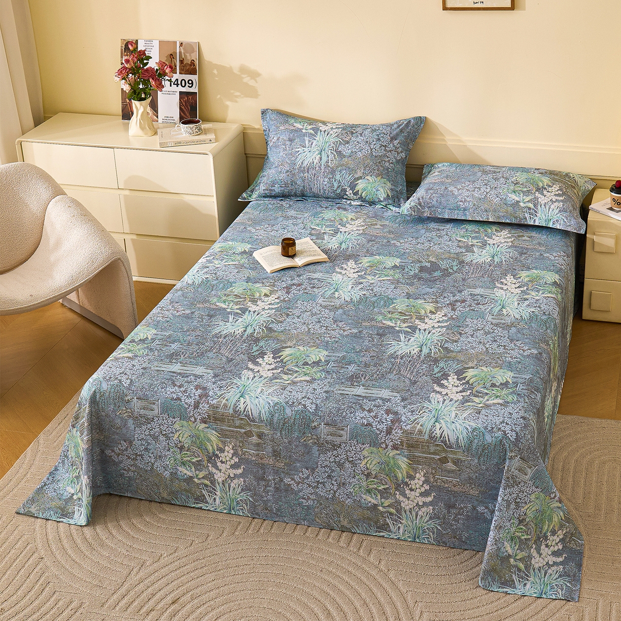 91家纺网 家纺一手货源 找家纺 元元家居（元元被业） 2025秋冬新款全棉纯棉磨毛印花单床单 繁花点缀