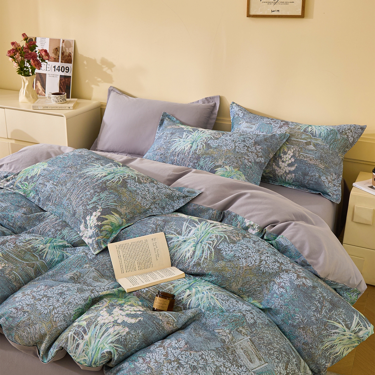 91家纺网 家纺一手货源 找家纺 元元家居（元元被业） 2025秋冬新款全棉纯棉磨毛印花四件套 繁花点缀