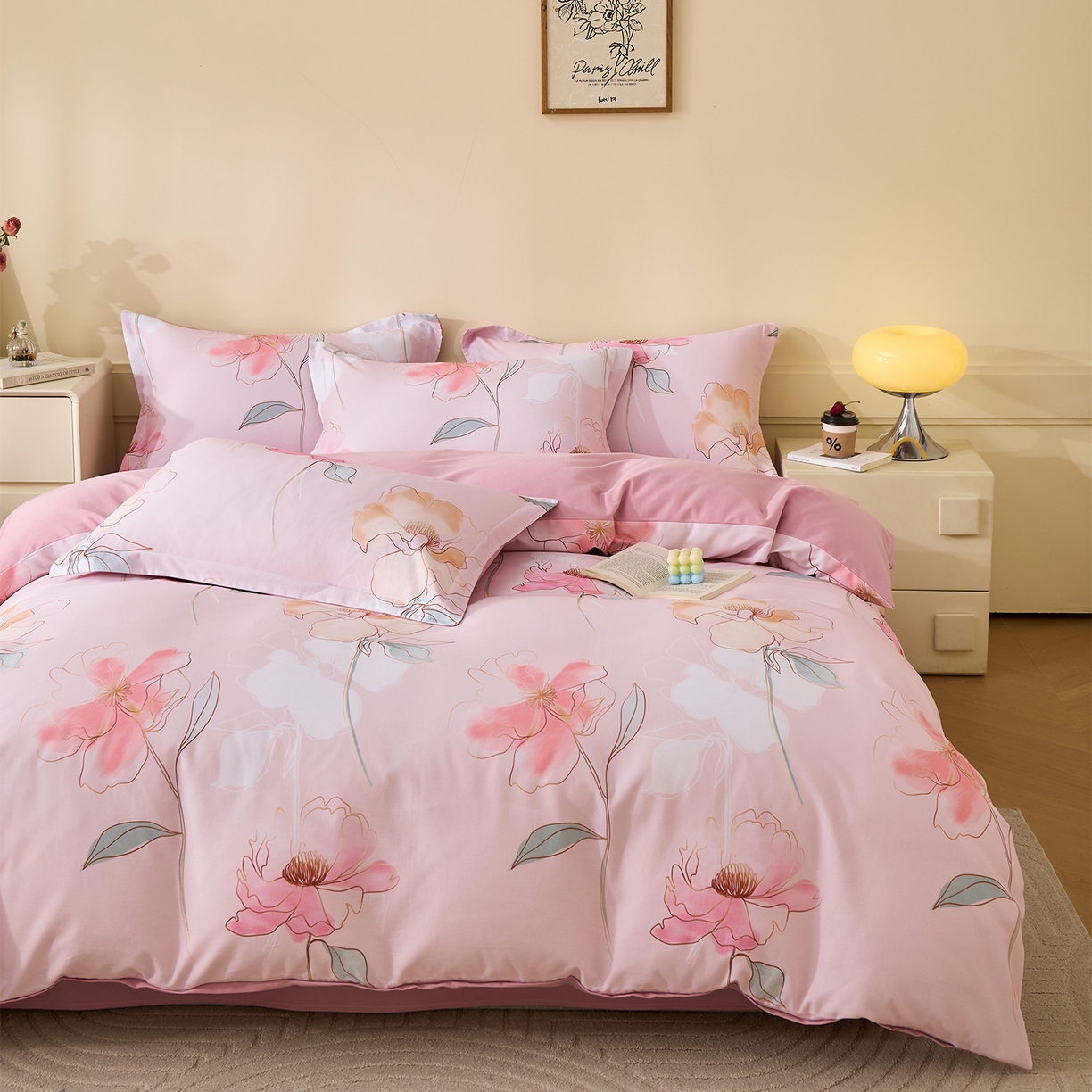 91家纺网 家纺一手货源 找家纺 元元家居（元元被业） 2025秋冬新款全棉纯棉磨毛印花四件套 光韵花季