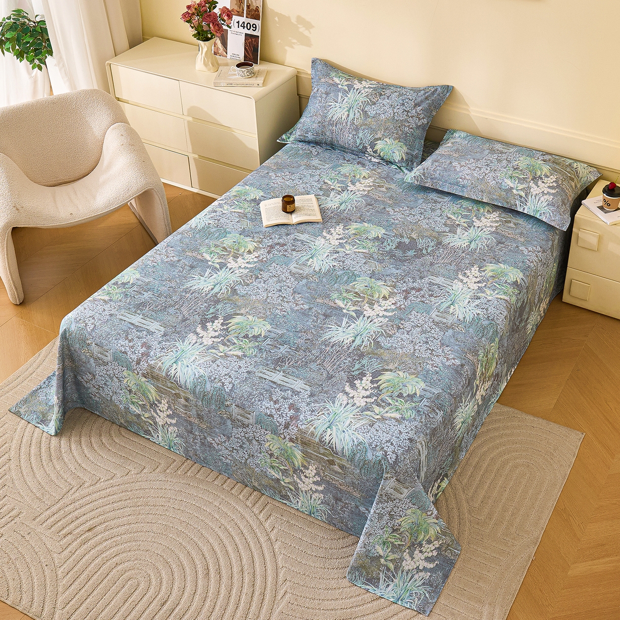 91家纺网 家纺一手货源 找家纺 元元家居（元元被业） 2025秋冬新款全棉纯棉磨毛印花单床单 繁花点缀