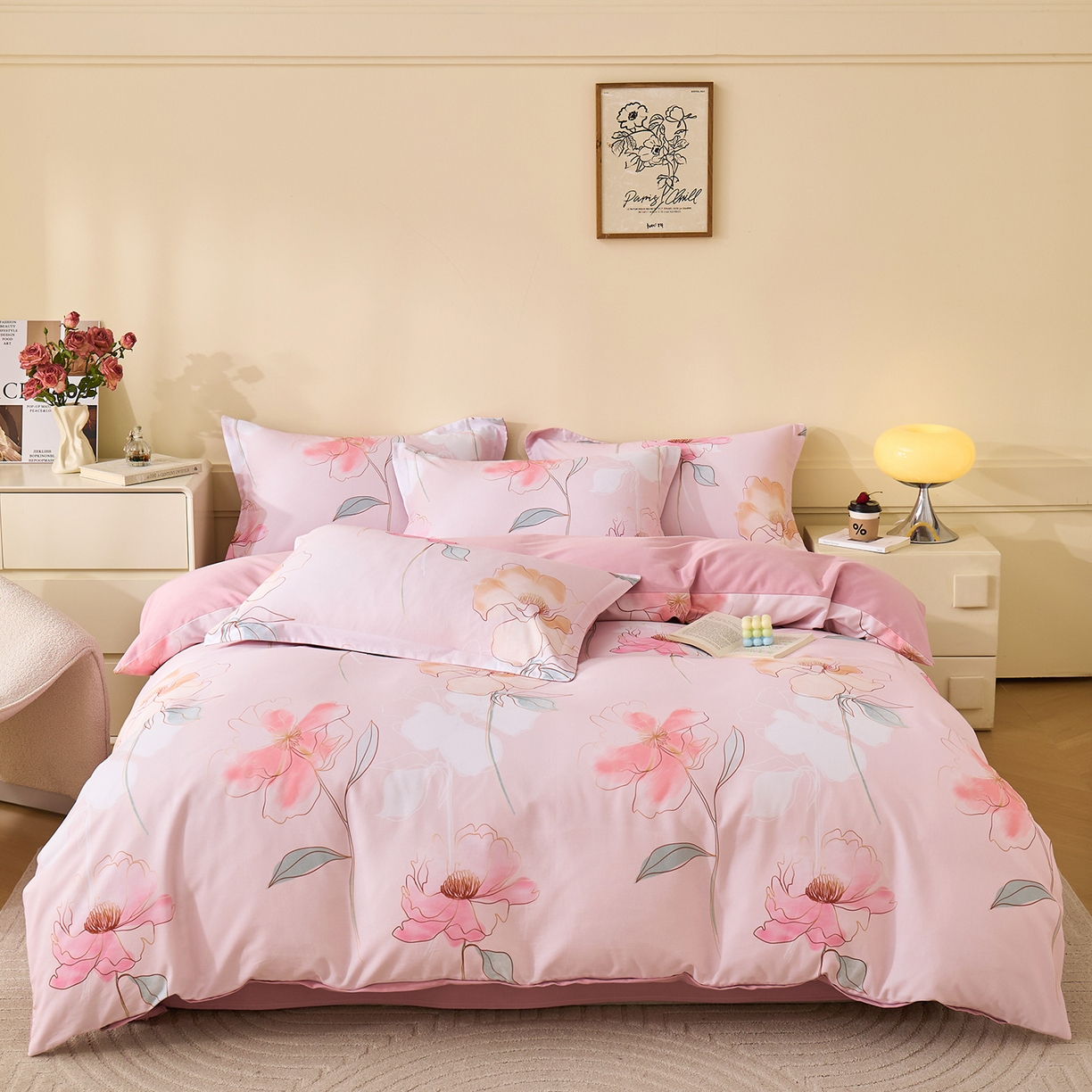 91家纺网 家纺一手货源 找家纺 元元家居（元元被业） 2025秋冬新款全棉纯棉磨毛印花四件套 光韵花季