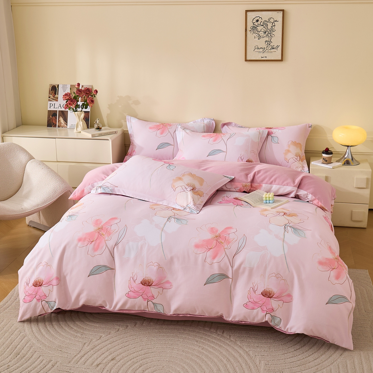 91家纺网 家纺一手货源 找家纺 元元家居（元元被业） 2025秋冬新款全棉纯棉磨毛印花四件套 光韵花季