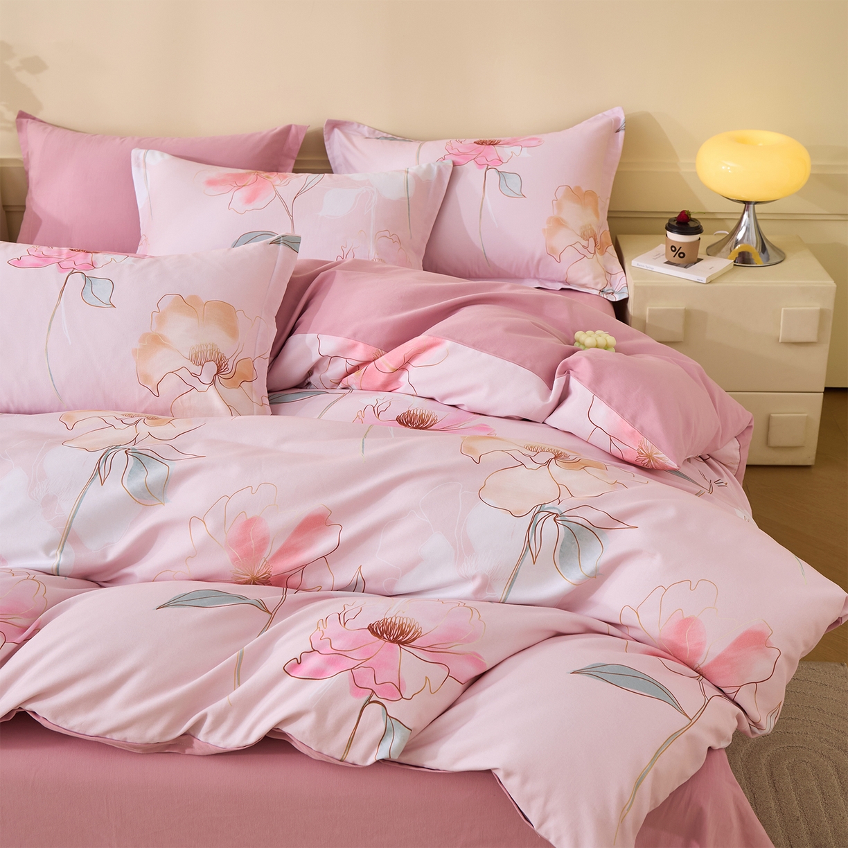 91家纺网 家纺一手货源 找家纺 元元家居（元元被业） 2025秋冬新款全棉纯棉磨毛印花四件套 光韵花季