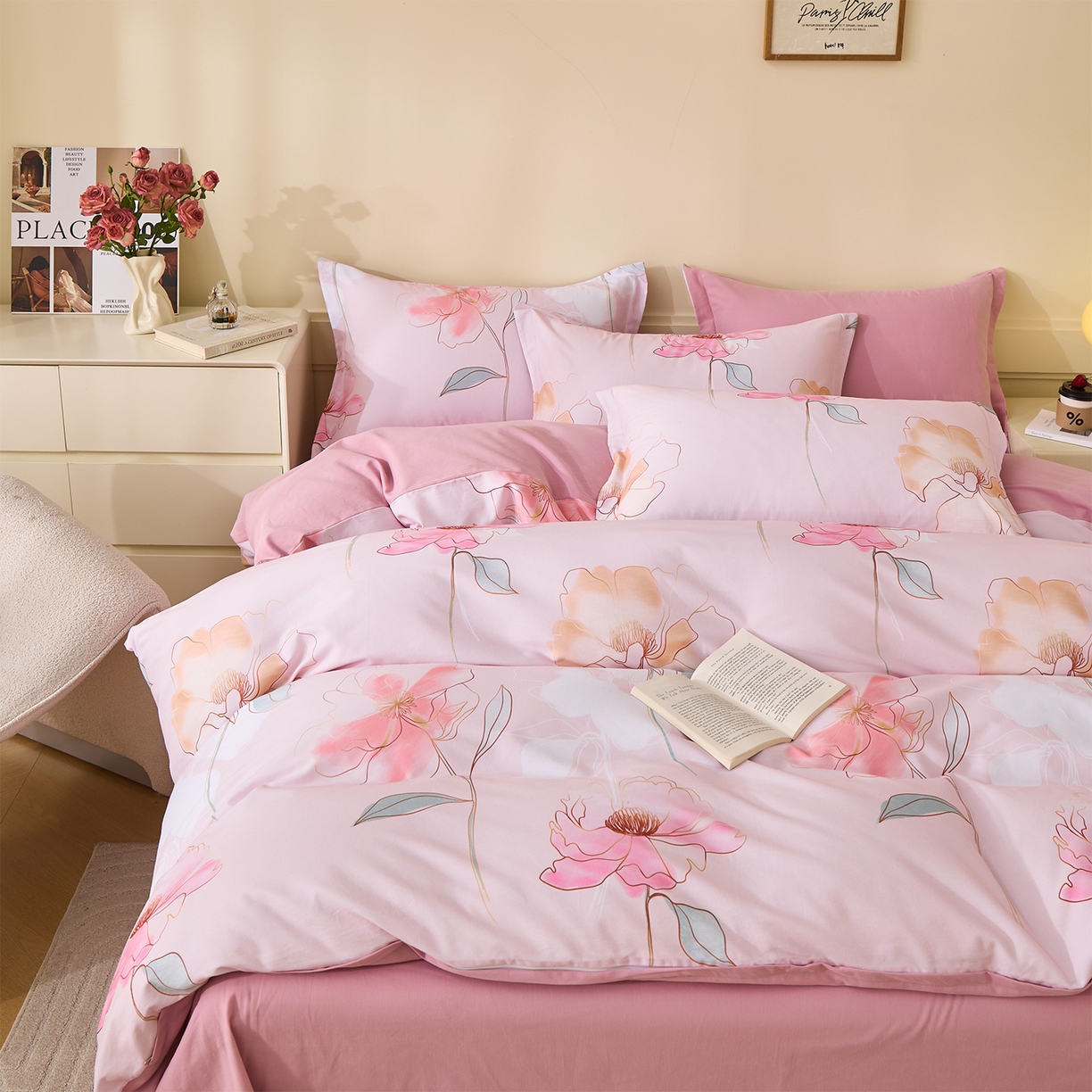 91家纺网 家纺一手货源 找家纺 元元家居（元元被业） 2025秋冬新款全棉纯棉磨毛印花四件套 光韵花季