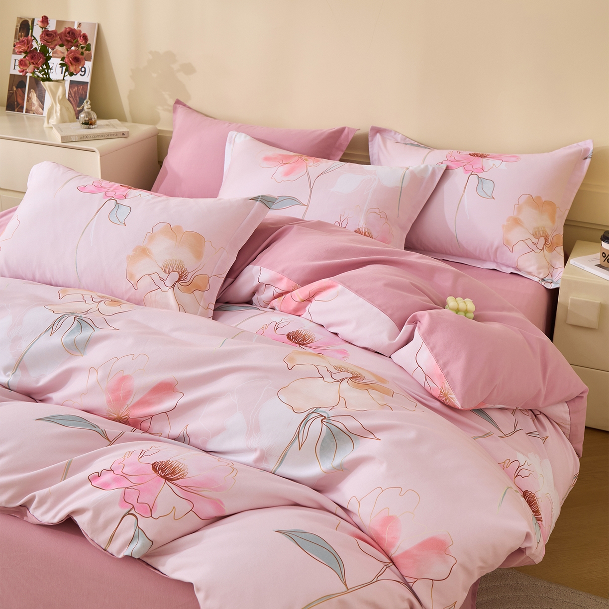 91家纺网 家纺一手货源 找家纺 元元家居（元元被业） 2025秋冬新款全棉纯棉磨毛印花四件套 光韵花季