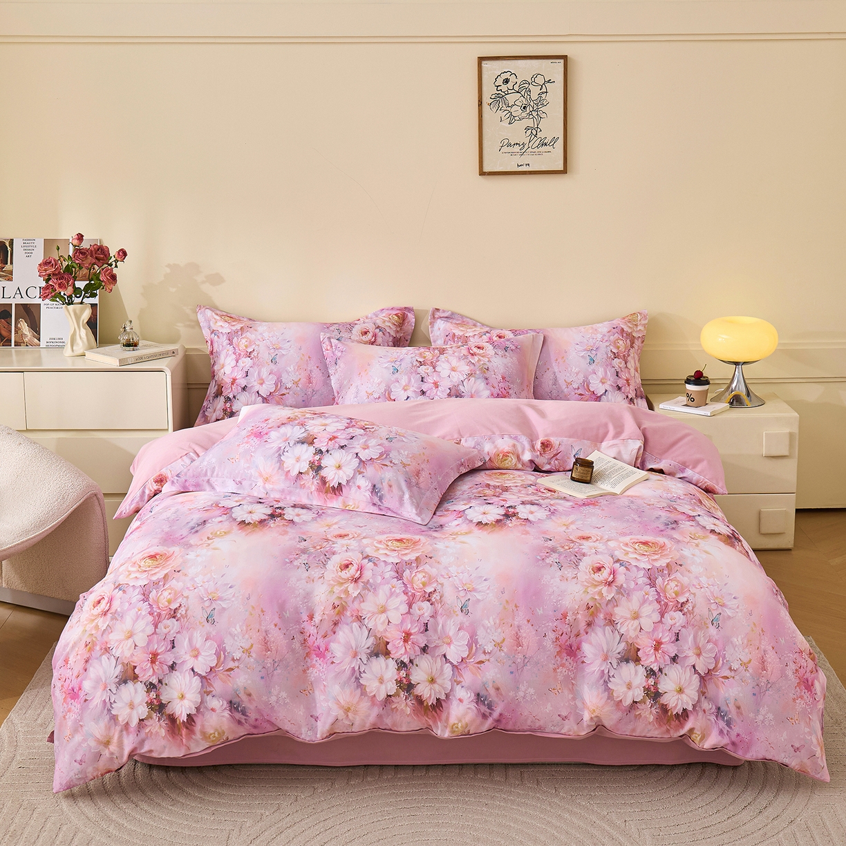 91家纺网 家纺一手货源 找家纺 元元家居（元元被业） 2025秋冬新款全棉纯棉磨毛印花四件套 花妍悦粉