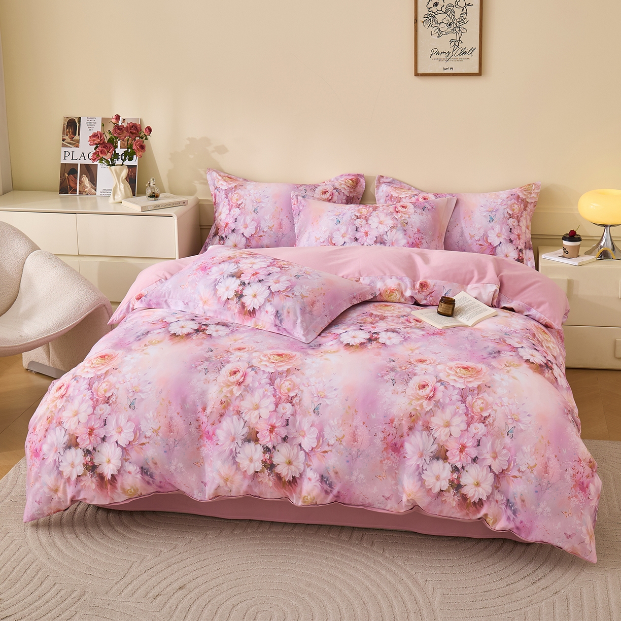 91家纺网 家纺一手货源 找家纺 元元家居（元元被业） 2025秋冬新款全棉纯棉磨毛印花四件套 花妍悦粉