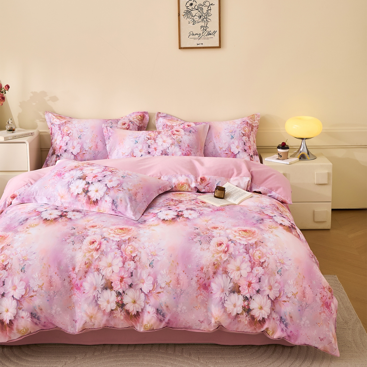 91家纺网 家纺一手货源 找家纺 元元家居（元元被业） 2025秋冬新款全棉纯棉磨毛印花四件套 花妍悦粉