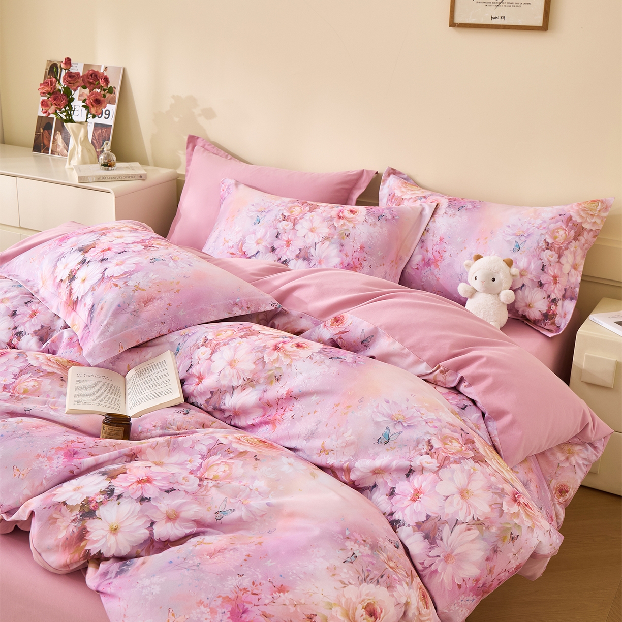 91家纺网 家纺一手货源 找家纺 元元家居（元元被业） 2025秋冬新款全棉纯棉磨毛印花四件套 花妍悦粉