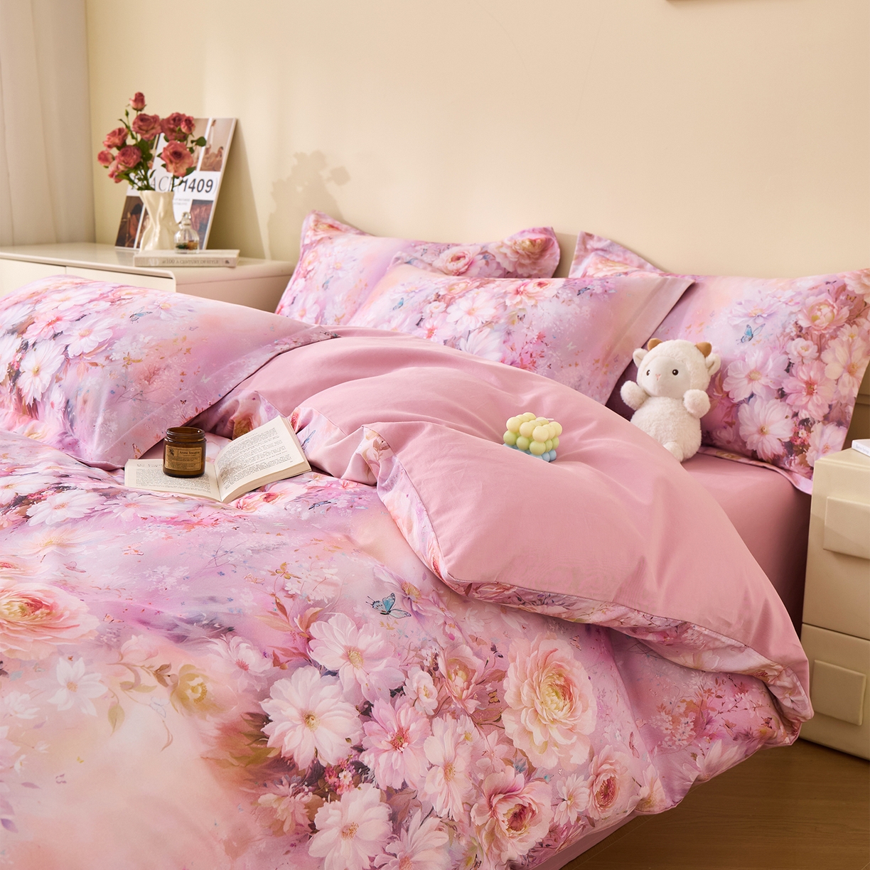 91家纺网 家纺一手货源 找家纺 元元家居（元元被业） 2025秋冬新款全棉纯棉磨毛印花四件套 花妍悦粉