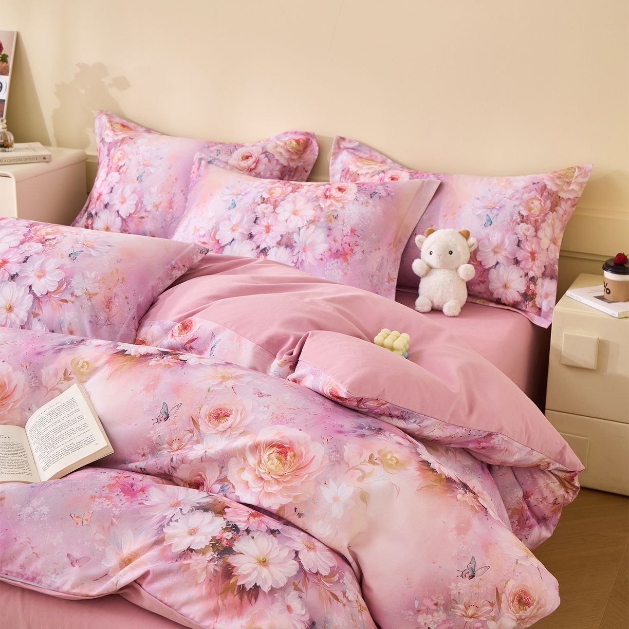 91家纺网 家纺一手货源 找家纺 元元家居（元元被业） 2025秋冬新款全棉纯棉磨毛印花四件套 花妍悦粉