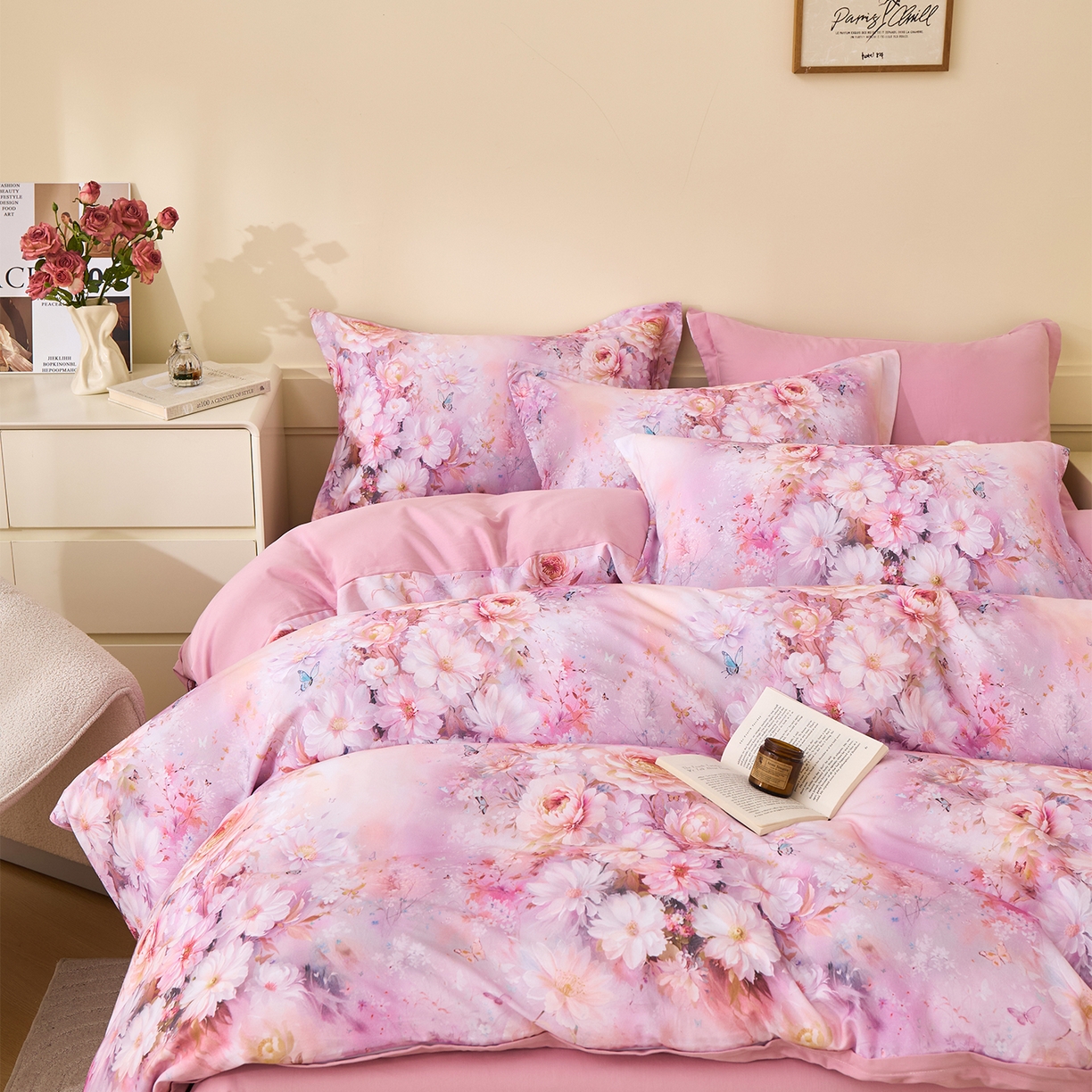 91家纺网 家纺一手货源 找家纺 元元家居（元元被业） 2025秋冬新款全棉纯棉磨毛印花四件套 花妍悦粉