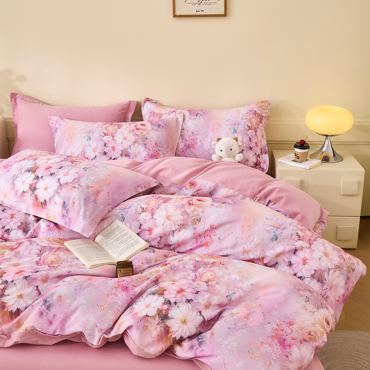 91家纺网 家纺一手货源 找家纺 元元家居（元元被业） 2025秋冬新款全棉纯棉磨毛印花四件套 花妍悦粉