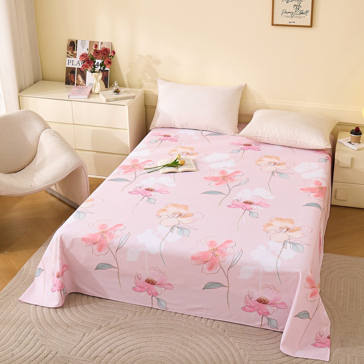 91家纺网 家纺一手货源 找家纺 元元家居（元元被业） 2025秋冬新款全棉纯棉磨毛印花单床单 光韵花季