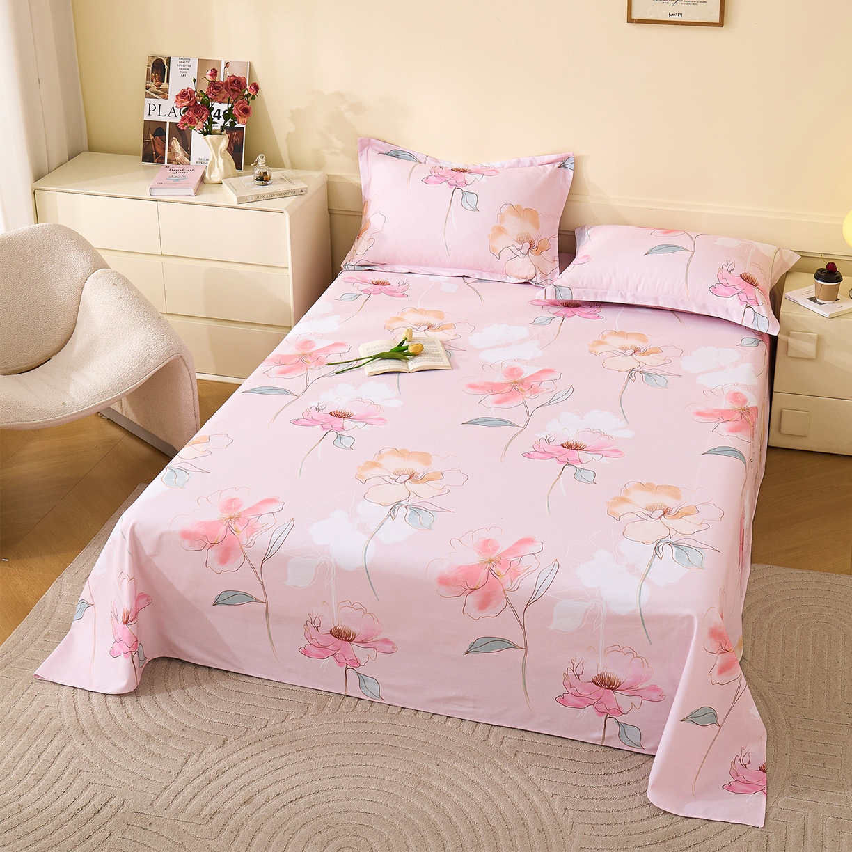 91家纺网 家纺一手货源 找家纺 元元家居（元元被业） 2025秋冬新款全棉纯棉磨毛印花单床单 光韵花季