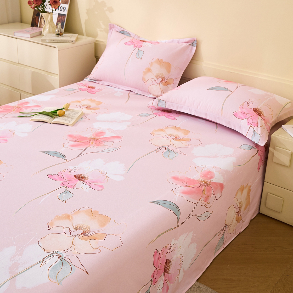 91家纺网 家纺一手货源 找家纺 元元家居（元元被业） 2025秋冬新款全棉纯棉磨毛印花单床单 光韵花季